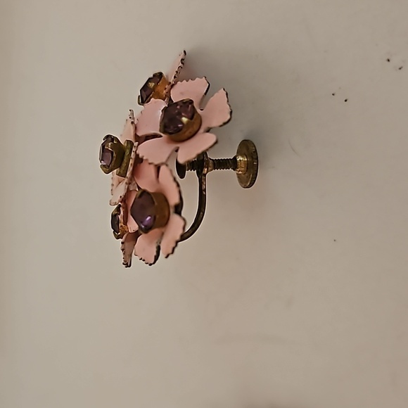 Vintage Pink Enamel & Purple Rhinstone Screw On Earrings - Picture 7 of 7